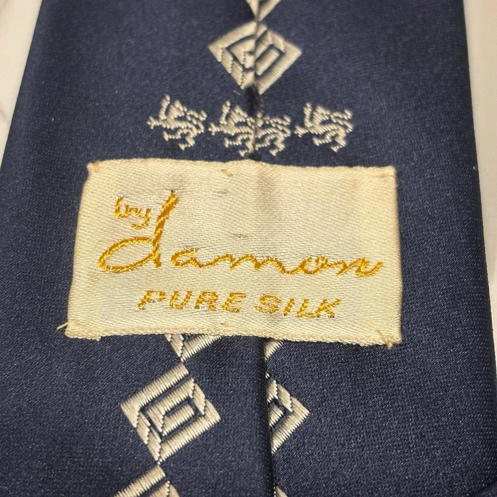 Vintage 70s Damon Pure Silk Tie Navy Blue‎ Geometric Disco Ahlers & Davis Dayton